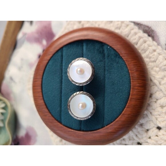 Sterling Silver Pearl Cufflinks Vintage Mother-of-Pearl 925 Men’s Formal Gift - Picture 1 of 5